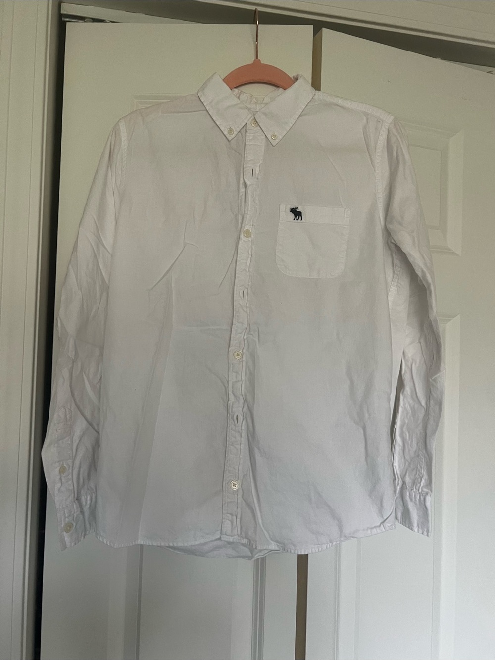 abercrombie kids White Button-Down Shirt with Navy Moose Logo